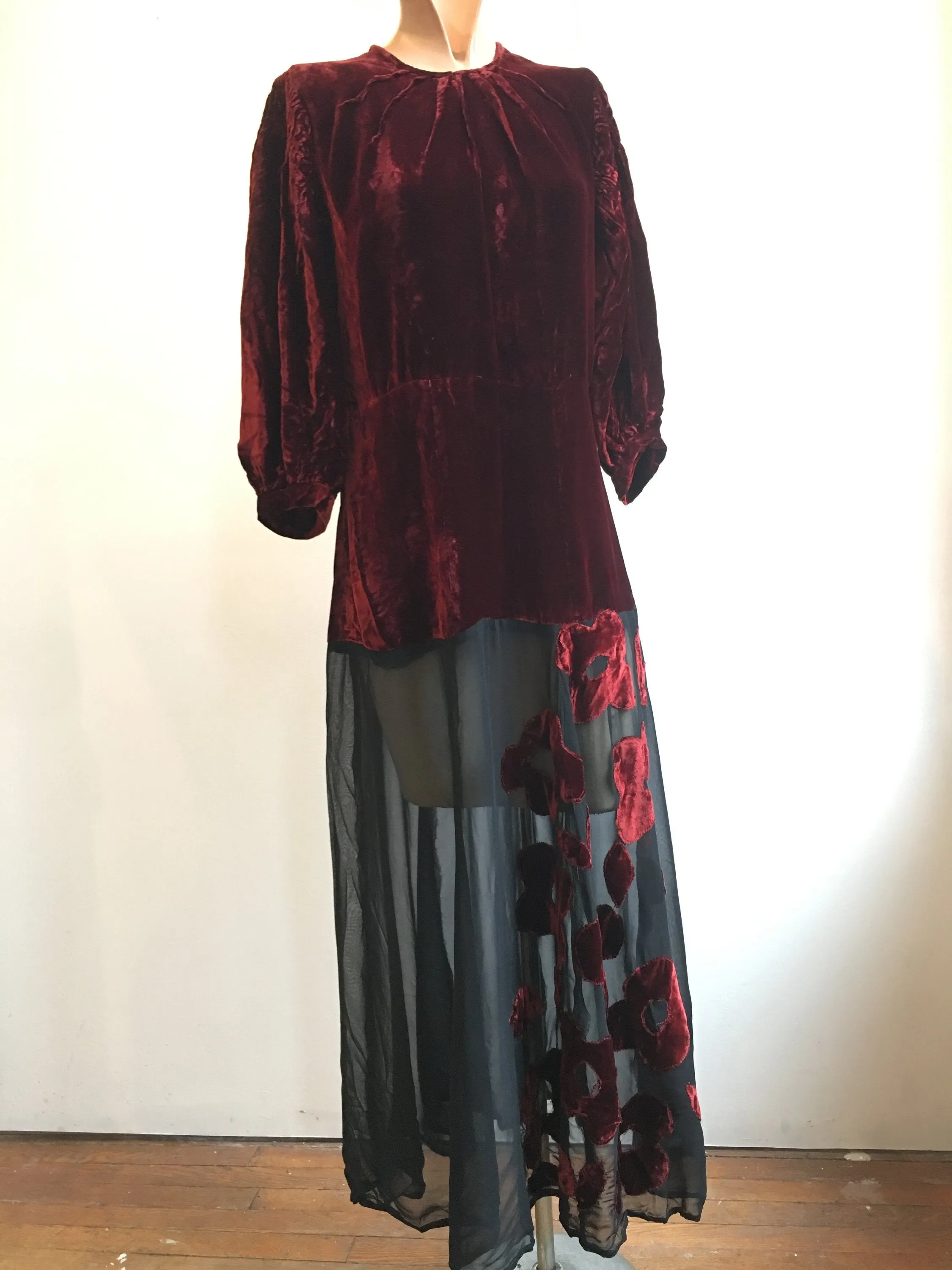 1930s Burgundy and Black Silk Velvet Gown w Floral Appliqué