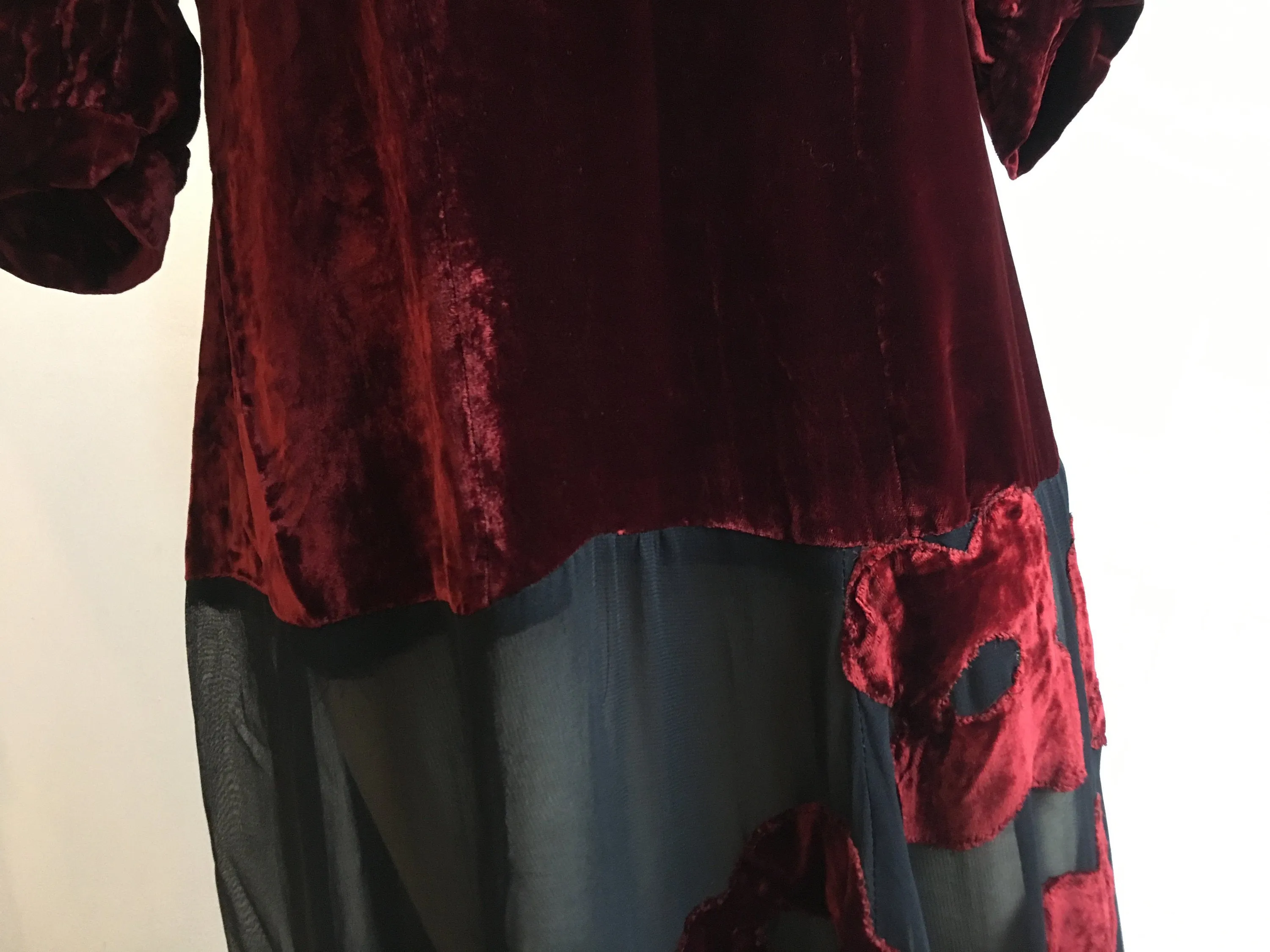 1930s Burgundy and Black Silk Velvet Gown w Floral Appliqué