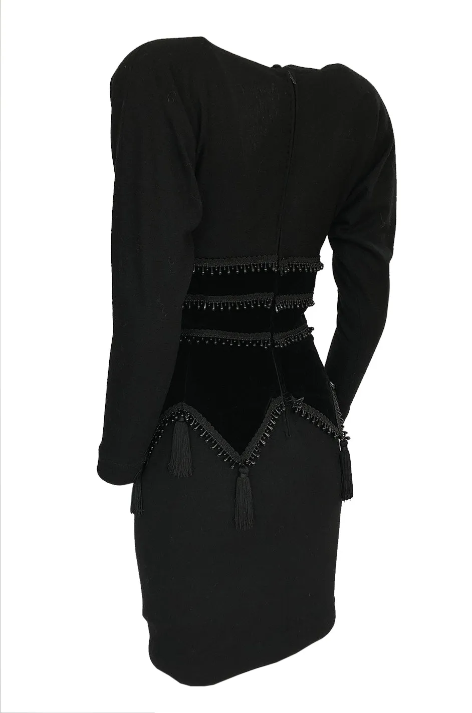 1980s Isabel Allard Paris Plunge Dress w Velvet and Huge Tassel Detail