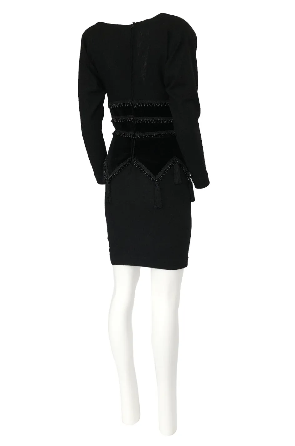 1980s Isabel Allard Paris Plunge Dress w Velvet and Huge Tassel Detail