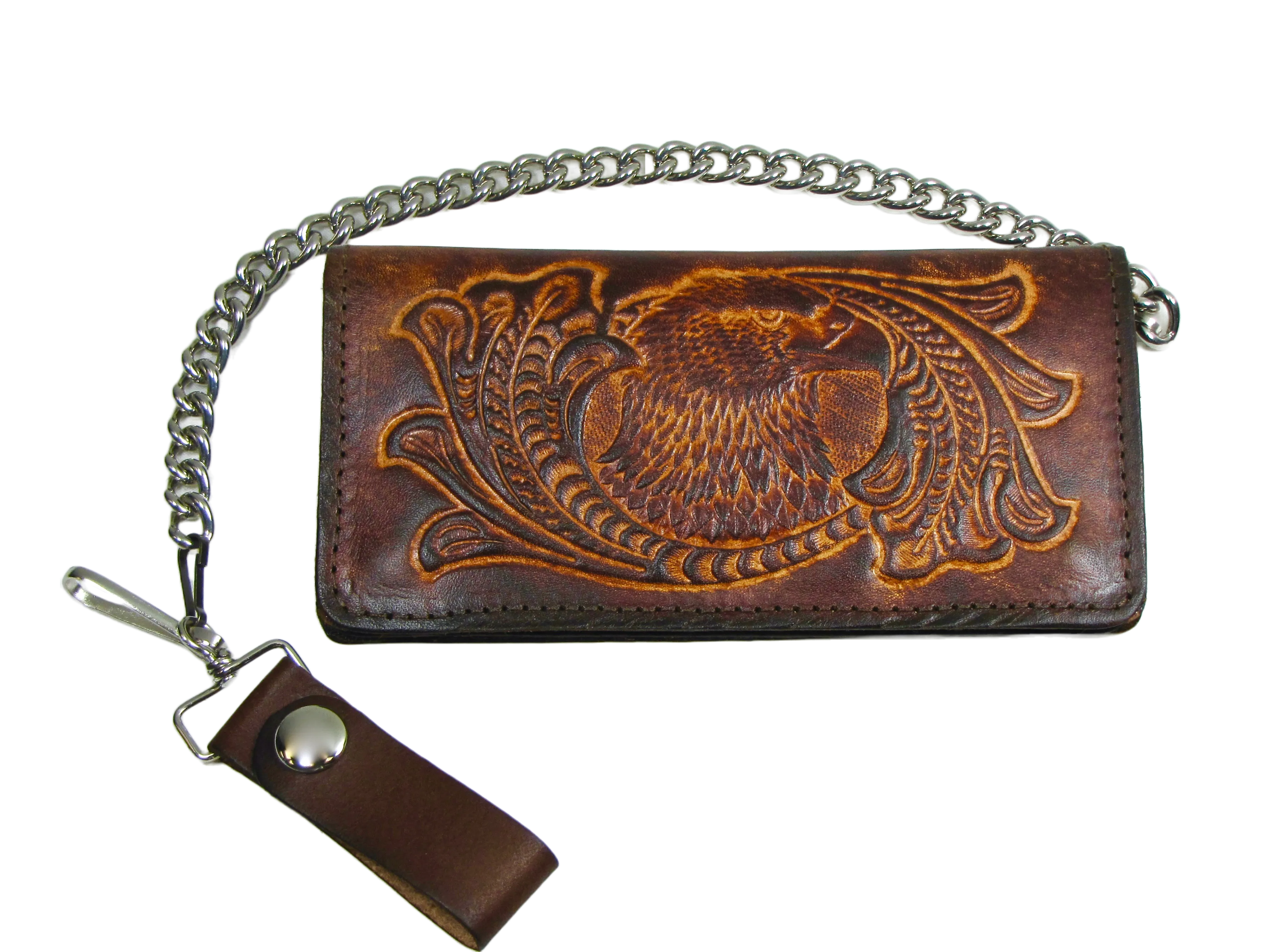 AB341-32 Antique Finish Long Bi-Fold Chain Wallet- Eagle Head w/Scroll
