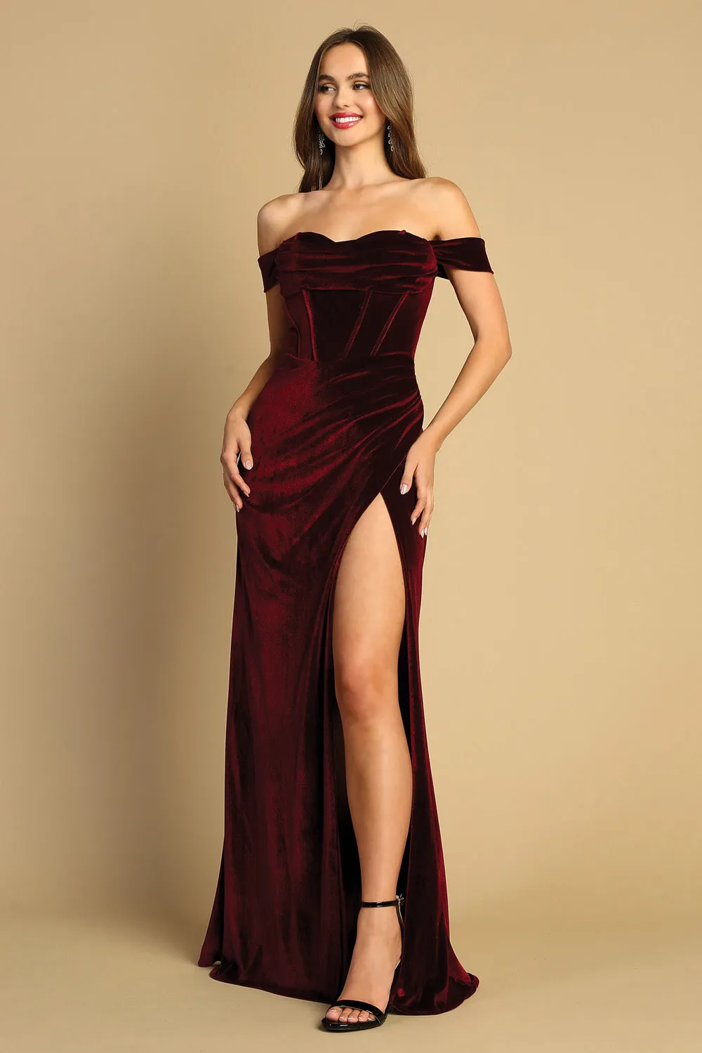 AD 3131 - Stretch Velvet Off the Shoulder Fit & Flare Prom Gown with Cowl Neck Boned Bodice & Leg Slit
