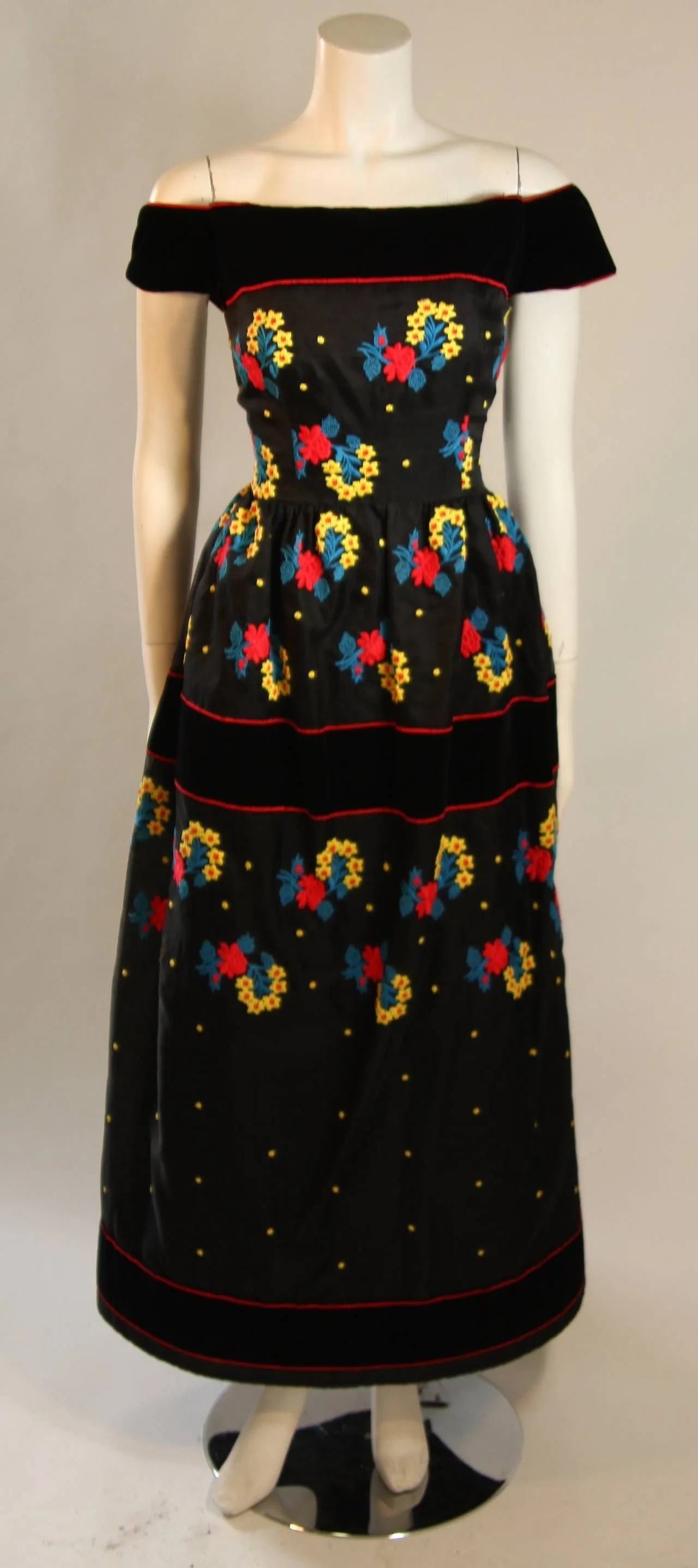 ARNOLD SCAASI Black Velvet Embroidered Gown with Belt