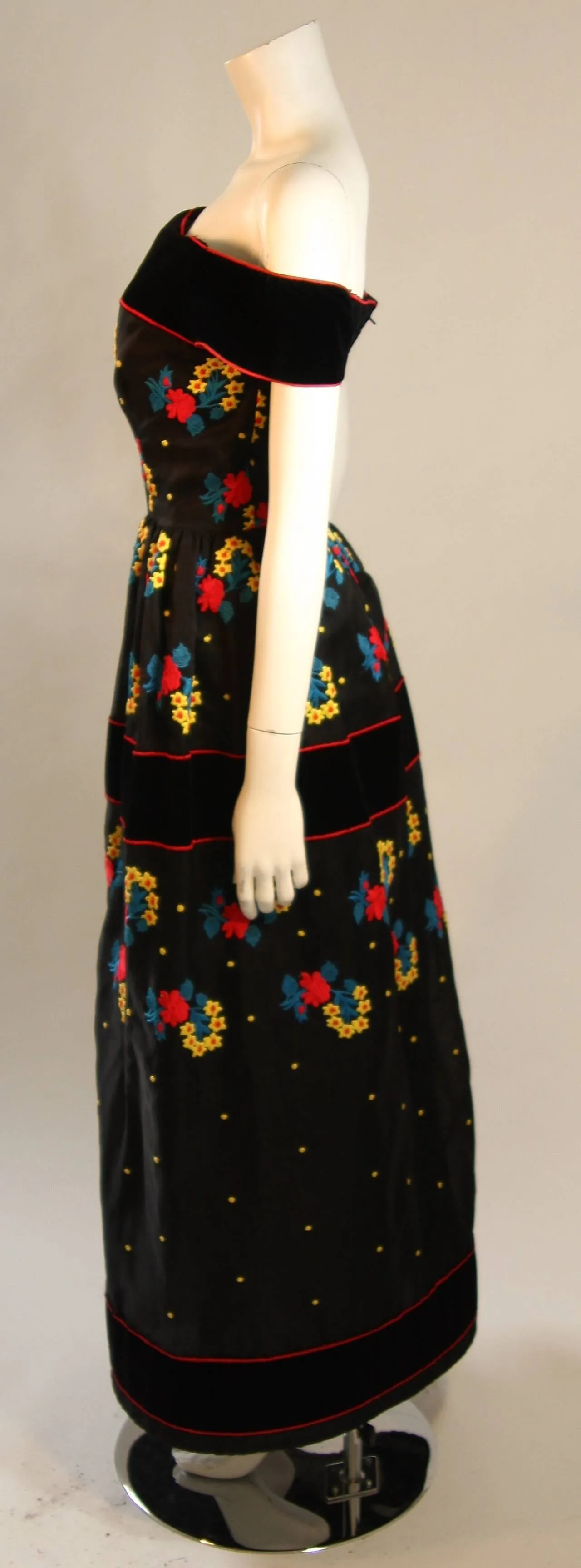 ARNOLD SCAASI Black Velvet Embroidered Gown with Belt