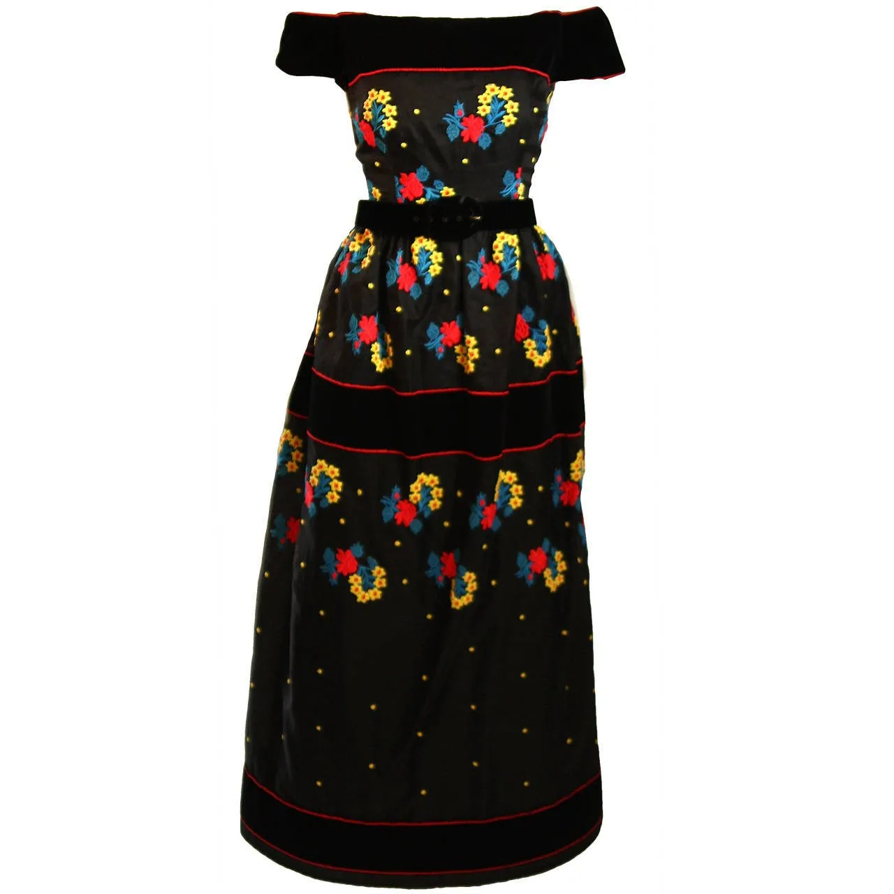 ARNOLD SCAASI Black Velvet Embroidered Gown with Belt