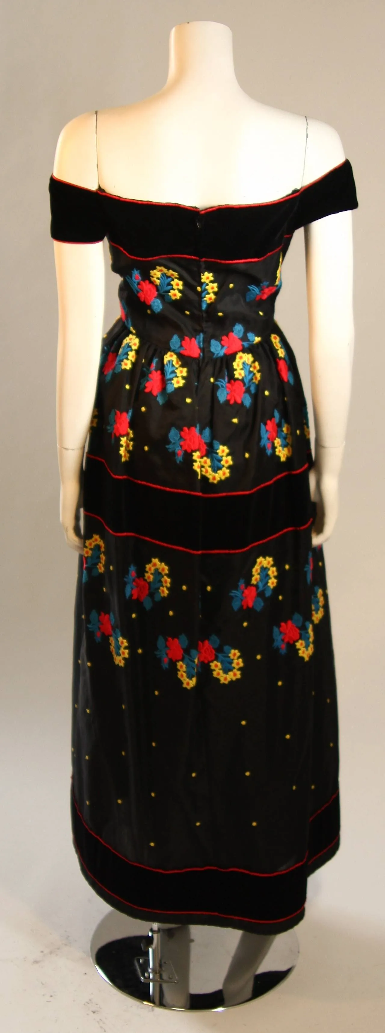 ARNOLD SCAASI Black Velvet Embroidered Gown with Belt