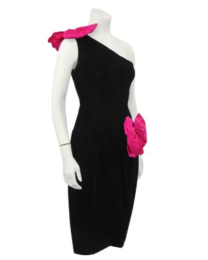 Black Velvet One Shoulder Cocktail Dress With Bows