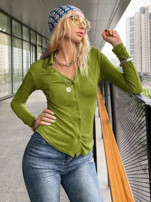 Button Down Curved Hem Velvet Shirt