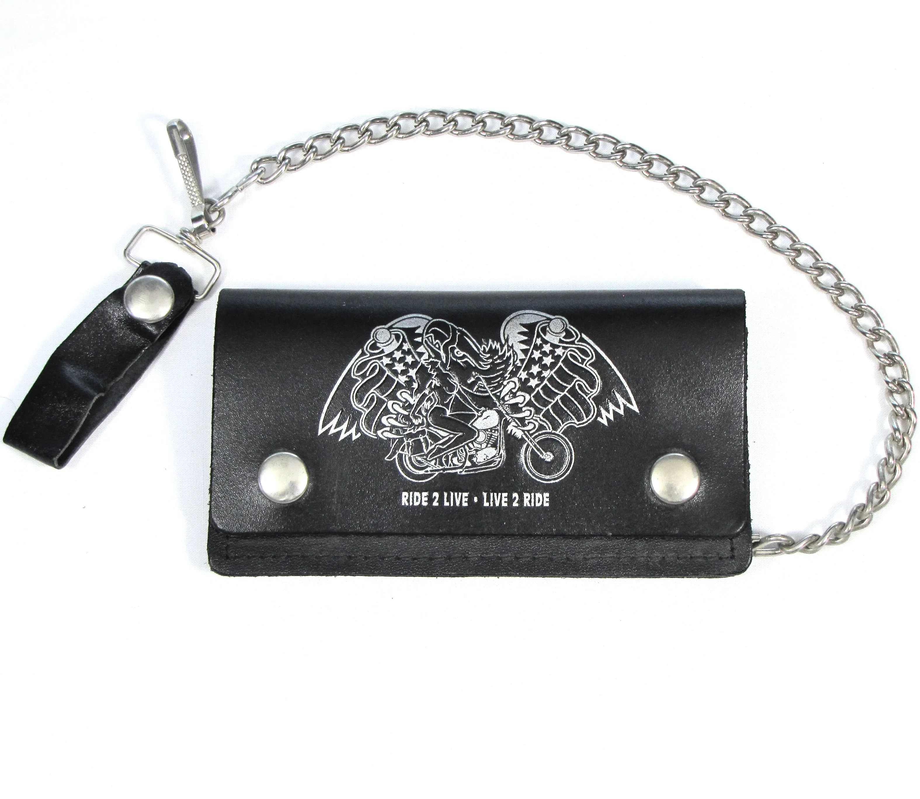 BW402-76  6" Black Biker Wallet - Eagle w/Motorcycle Ride 2 Live