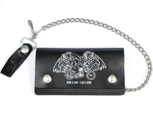 BW402-76  6" Black Biker Wallet - Eagle w/Motorcycle Ride 2 Live