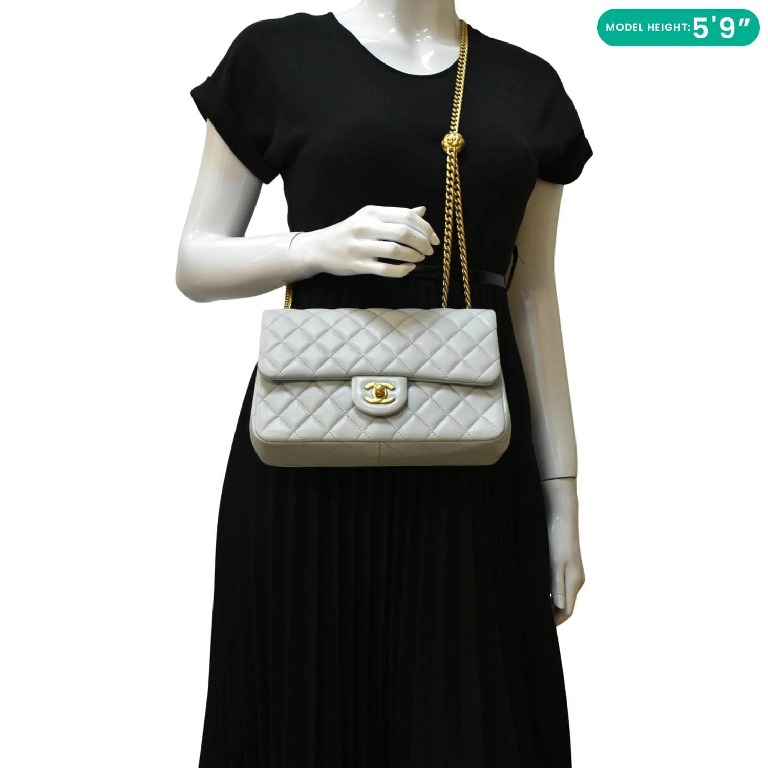 CHANEL Sweet Camellia Flap Adjustable Chain WOC Quilted Leather Crossbody Bag Light Blue