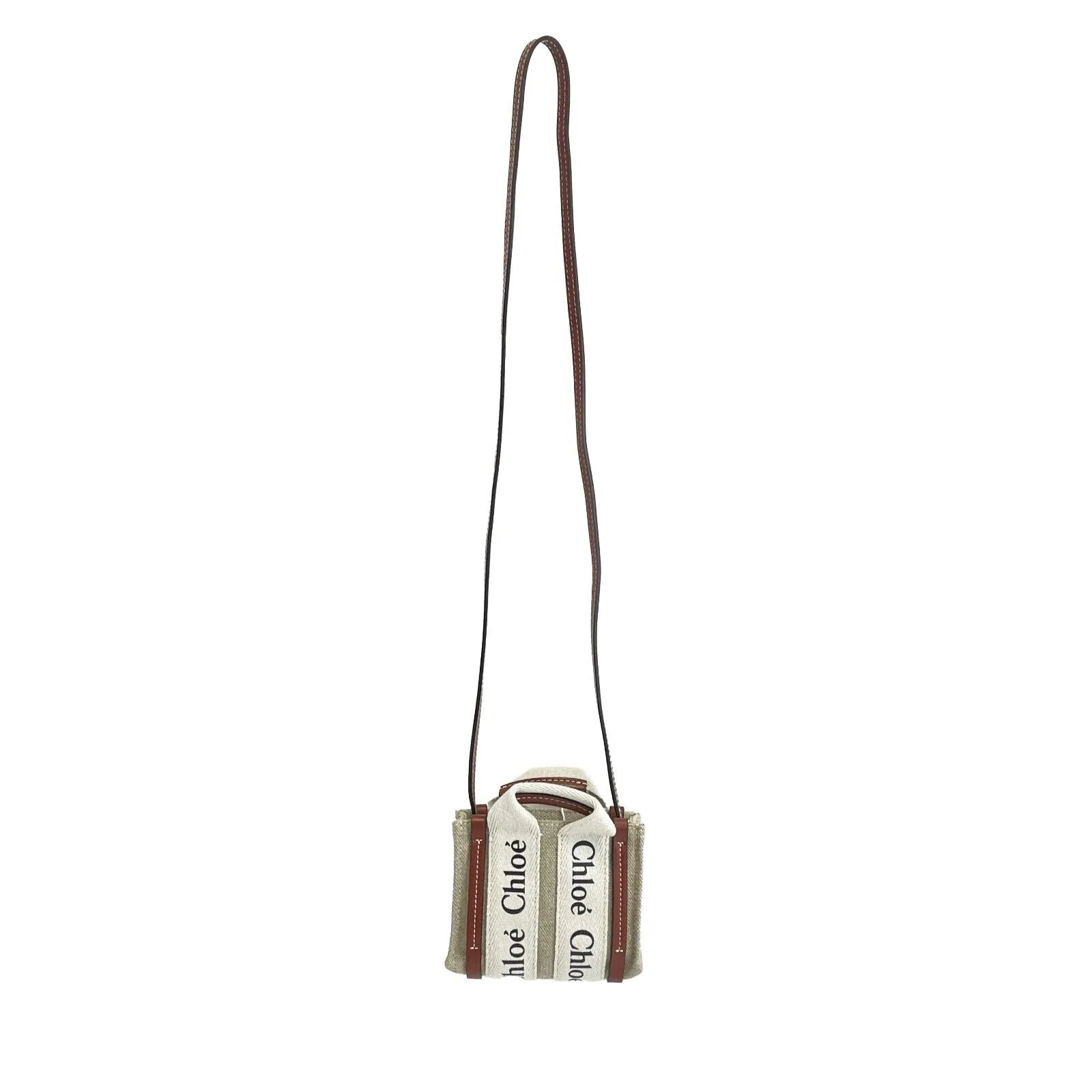 Chloe - Woody Nano Tote White Brown - Top Handle w/ Shoulder Strap