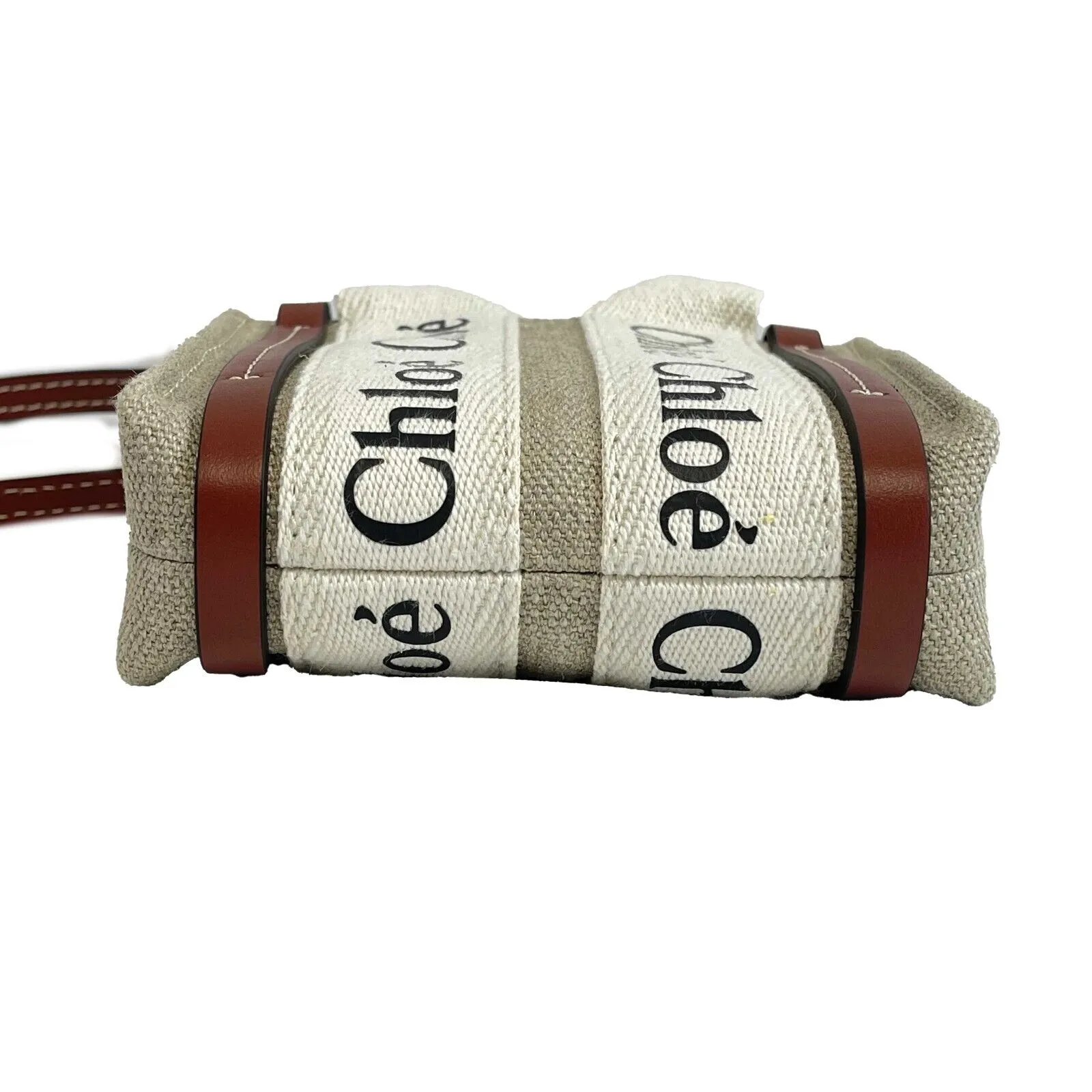 Chloe - Woody Nano Tote White Brown - Top Handle w/ Shoulder Strap