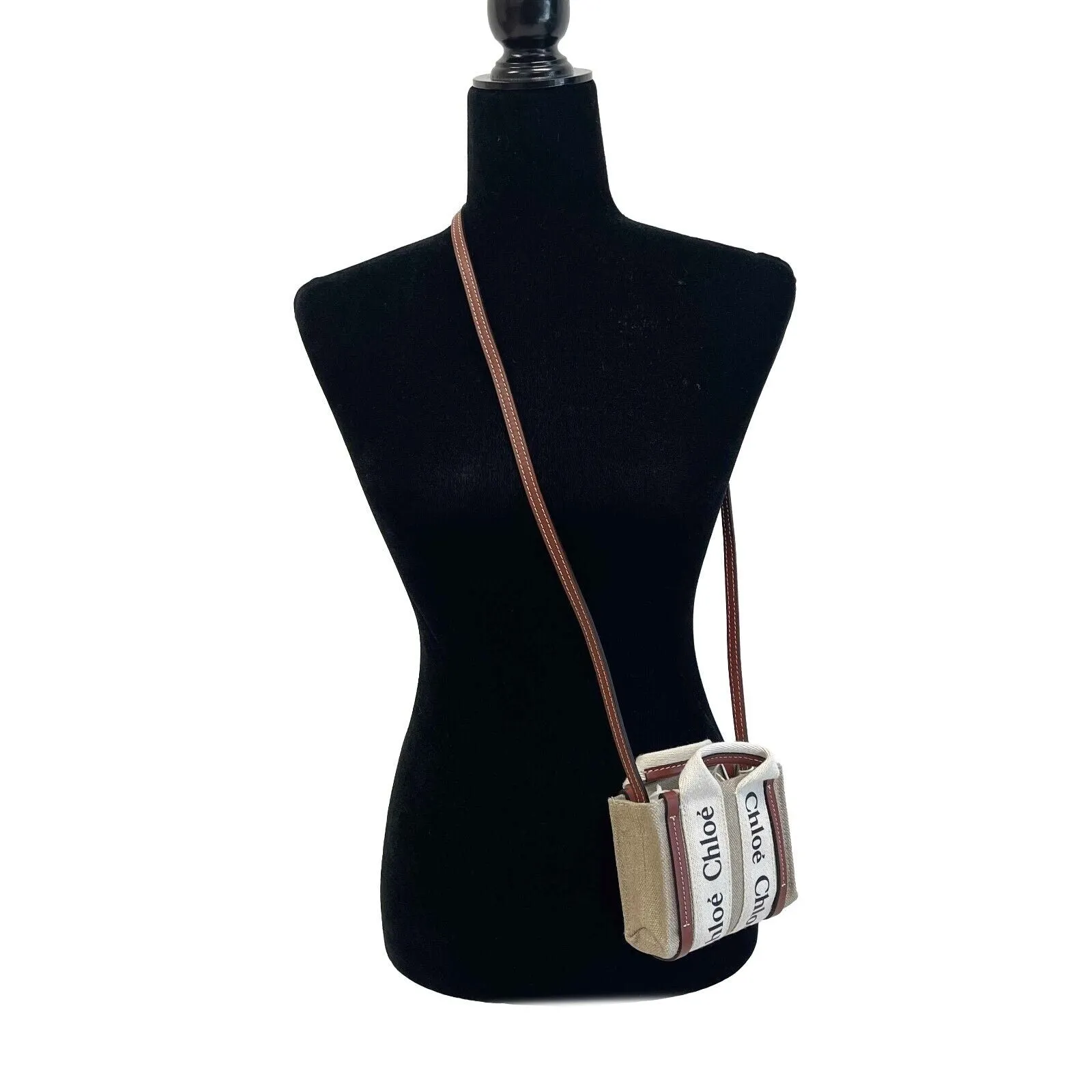 Chloe - Woody Nano Tote White Brown - Top Handle w/ Shoulder Strap