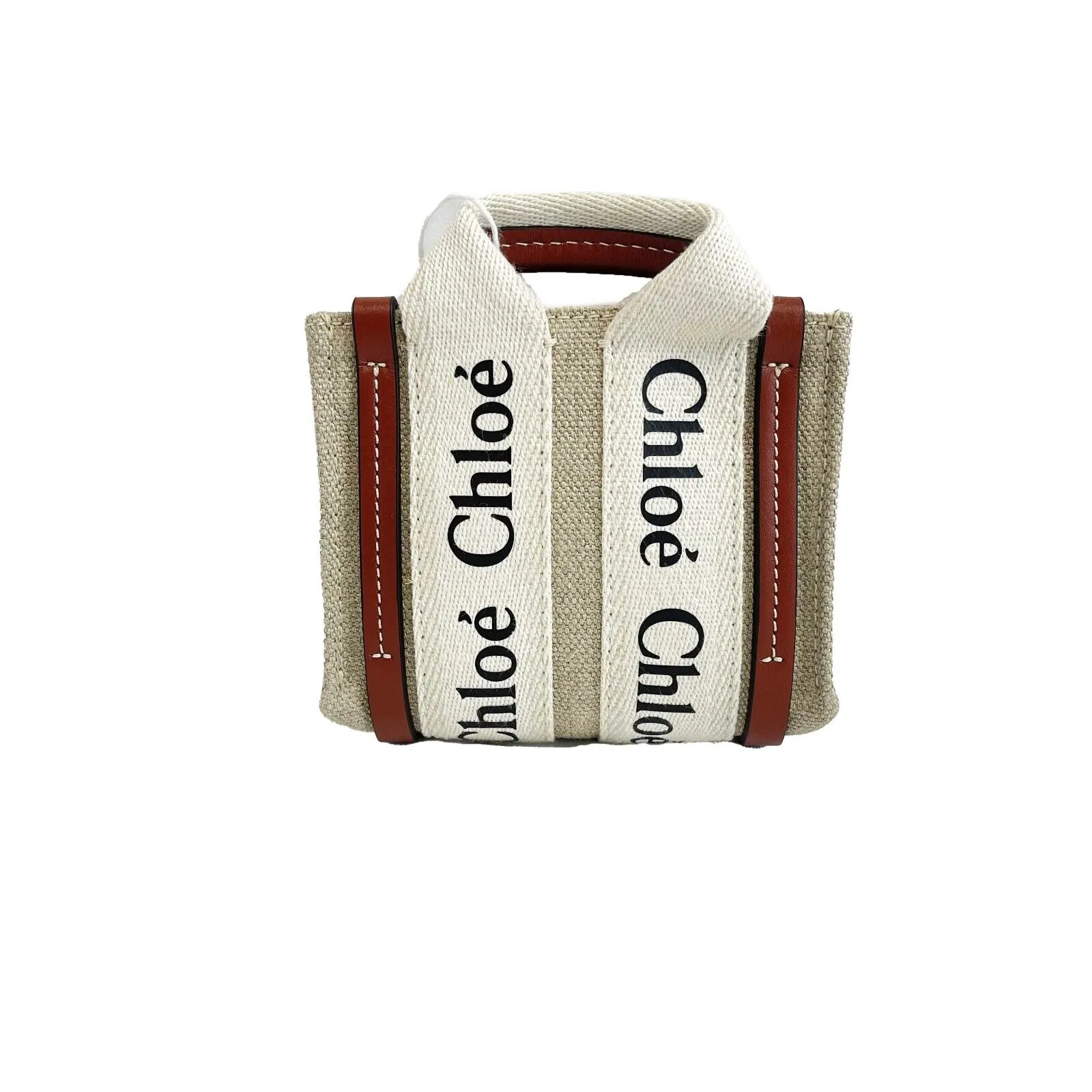 Chloe - Woody Nano Tote White Brown - Top Handle w/ Shoulder Strap