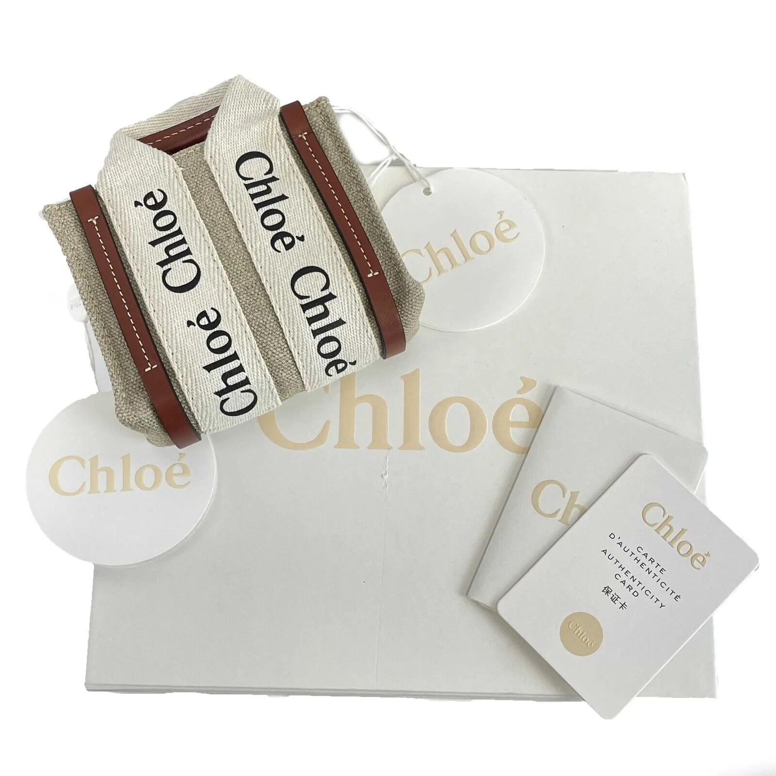 Chloe - Woody Nano Tote White Brown - Top Handle w/ Shoulder Strap