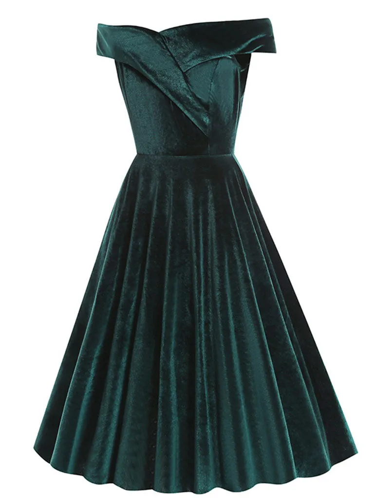 Christmas Red Off Shoulder Velvet 1950S Vintage Swing Dress