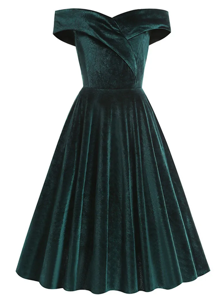 Christmas Red Off Shoulder Velvet 1950S Vintage Swing Dress