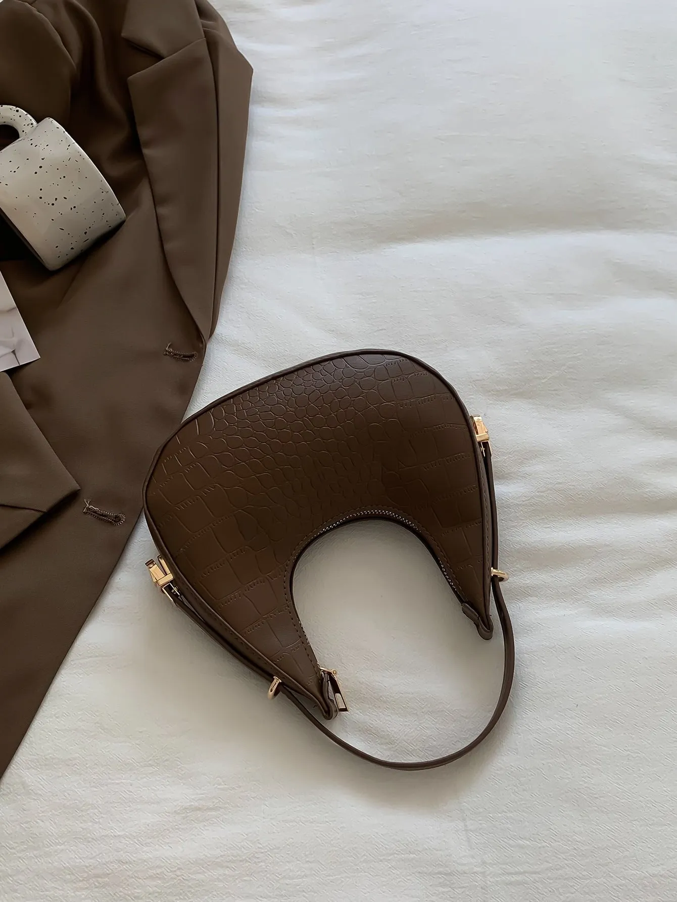 Croc Embossed Top Handle Hobo Bag - Chocolate Brown