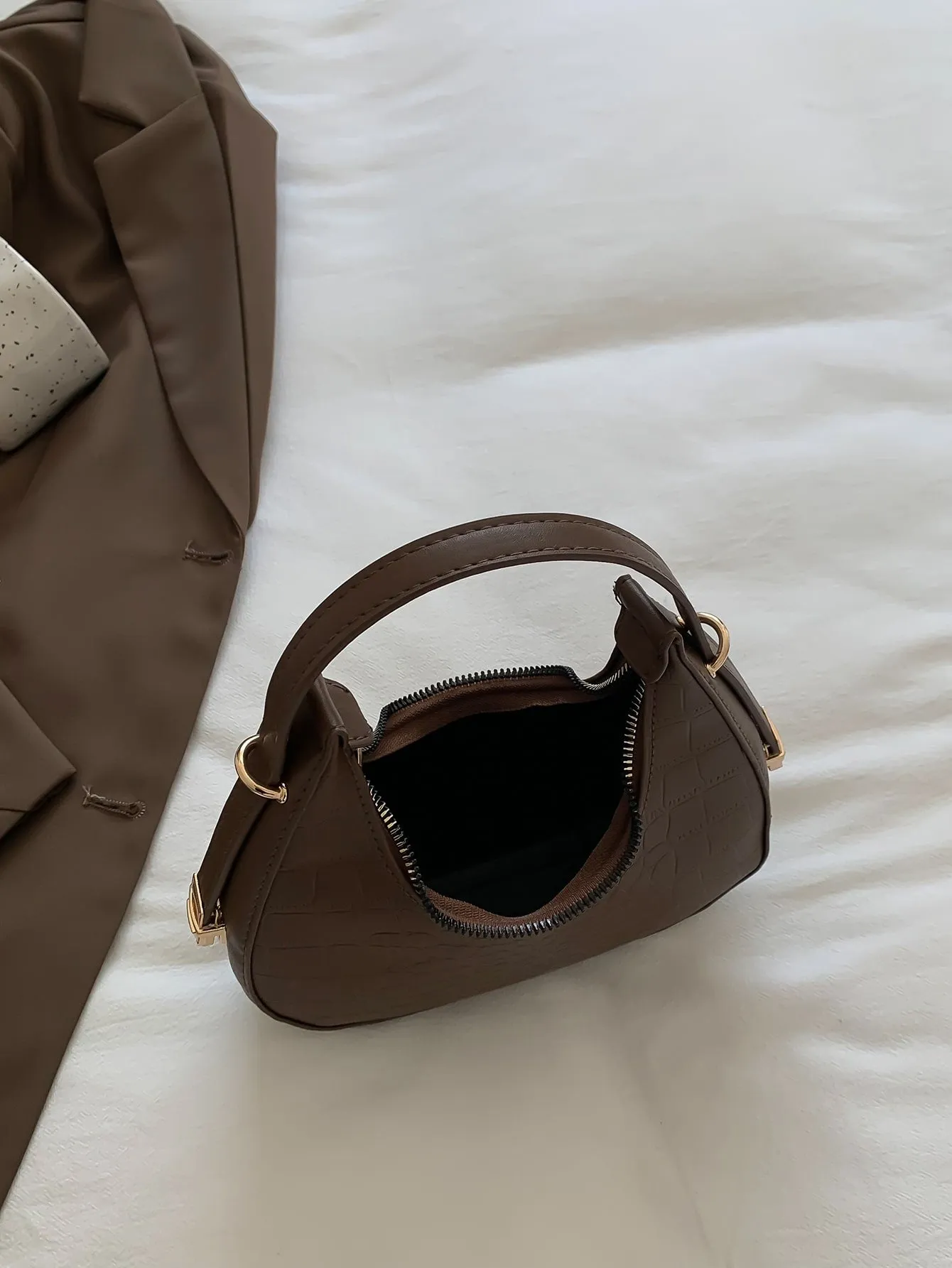 Croc Embossed Top Handle Hobo Bag - Chocolate Brown