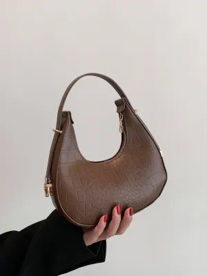 Croc Embossed Top Handle Hobo Bag - Chocolate Brown