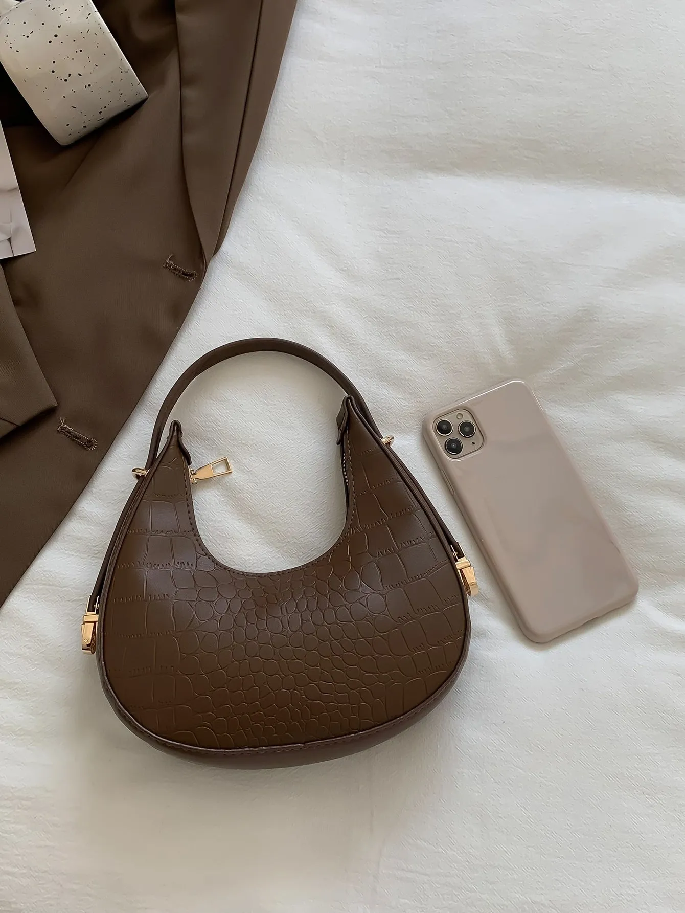 Croc Embossed Top Handle Hobo Bag - Chocolate Brown