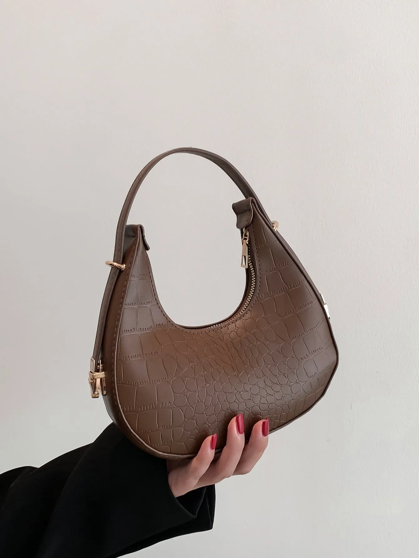 Croc Embossed Top Handle Hobo Bag - Chocolate Brown