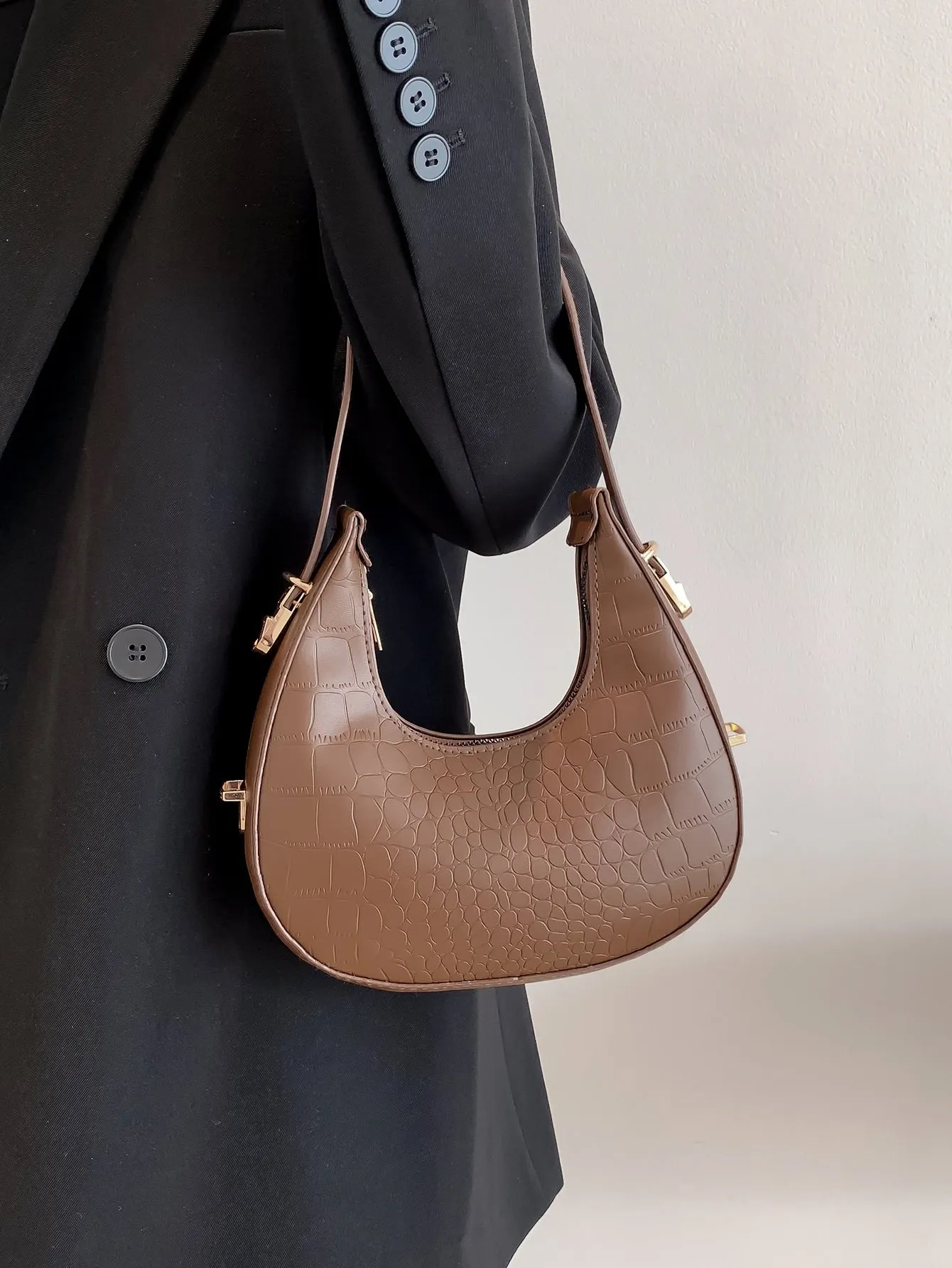 Croc Embossed Top Handle Hobo Bag - Chocolate Brown
