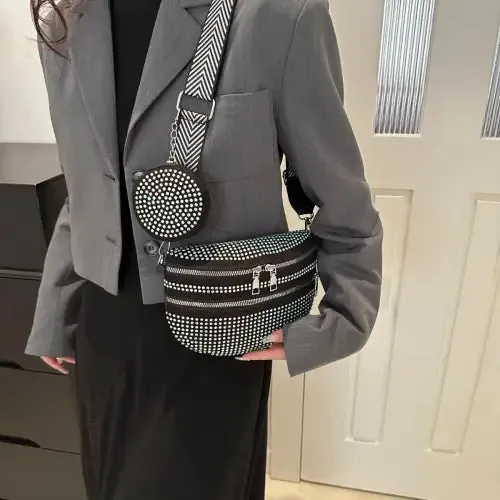 Dazzling Studded Adjustable Strap Crossbody Bag for Night Out Glam