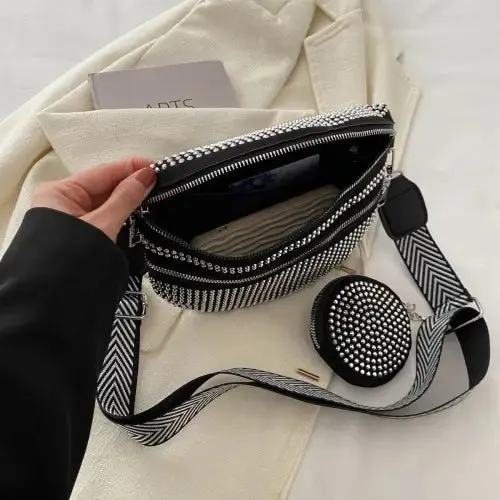 Dazzling Studded Adjustable Strap Crossbody Bag for Night Out Glam