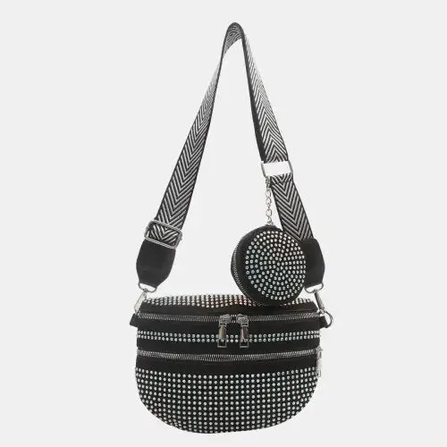 Dazzling Studded Adjustable Strap Crossbody Bag for Night Out Glam