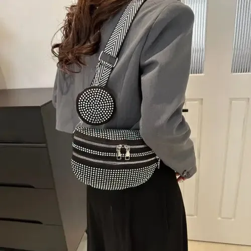 Dazzling Studded Adjustable Strap Crossbody Bag for Night Out Glam