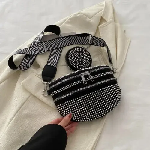 Dazzling Studded Adjustable Strap Crossbody Bag for Night Out Glam