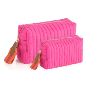 Ezra Quilted Nylon Boxy Cosmetic Pouch Set - Hot Pink
