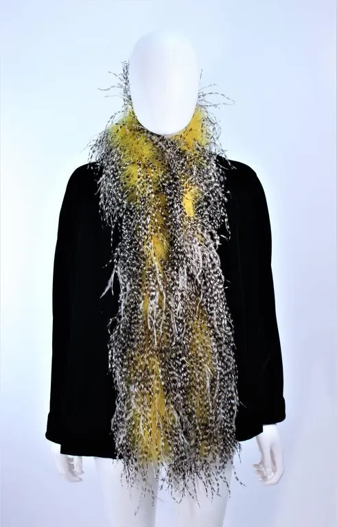 FRANK TAGNINO Black Velvet Coat w/ Yellow & White Feather Trim