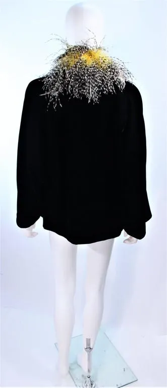 FRANK TAGNINO Black Velvet Coat w/ Yellow & White Feather Trim