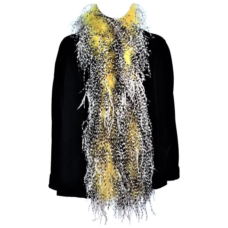 FRANK TAGNINO Black Velvet Coat w/ Yellow & White Feather Trim