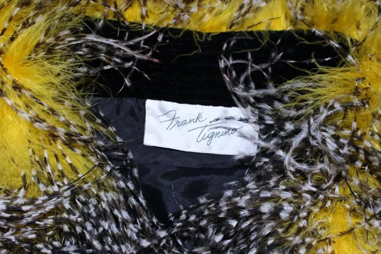 FRANK TAGNINO Black Velvet Coat w/ Yellow & White Feather Trim