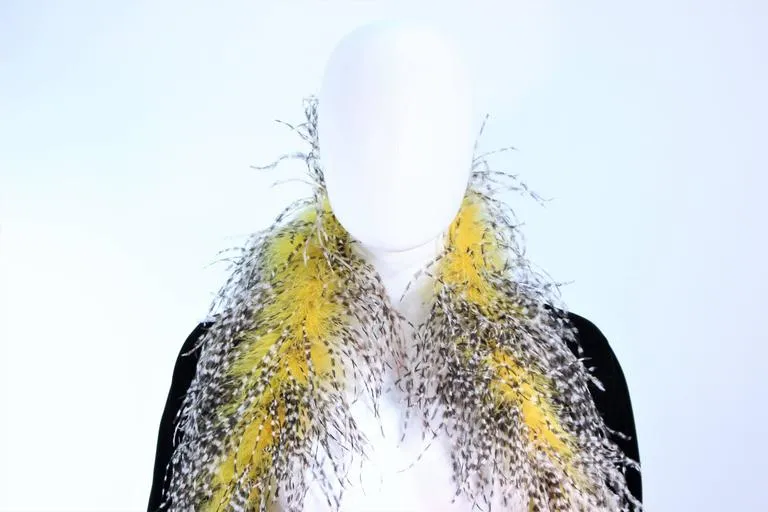 FRANK TAGNINO Black Velvet Coat w/ Yellow & White Feather Trim