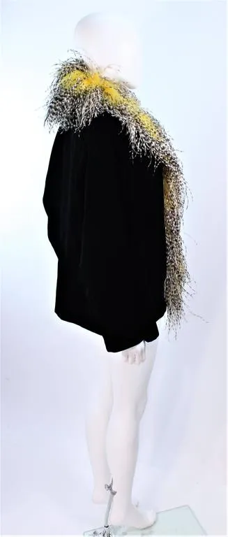 FRANK TAGNINO Black Velvet Coat w/ Yellow & White Feather Trim