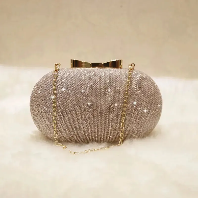 Golden Evening Clutch Women Bags Wedding Shiny Handbags bridal clutches Metal Bow Clutches Chain Shoulder Bag