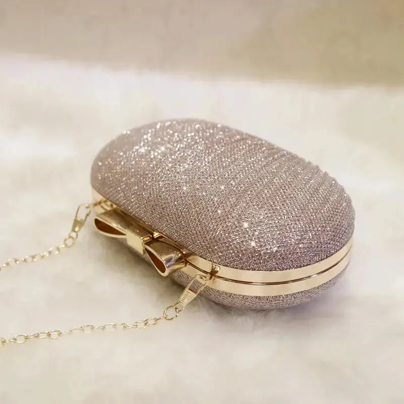 Golden Evening Clutch Women Bags Wedding Shiny Handbags bridal clutches Metal Bow Clutches Chain Shoulder Bag