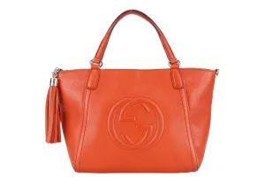 GUCCI SOHO TOP HANDLE BAG SUN ORANGE CALF LEATHER SILVER HARDWARE WITH LONG STRAPS NO DUST COVER