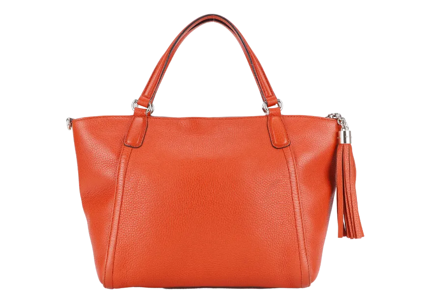 GUCCI SOHO TOP HANDLE BAG SUN ORANGE CALF LEATHER SILVER HARDWARE WITH LONG STRAPS NO DUST COVER