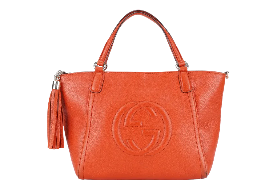 GUCCI SOHO TOP HANDLE BAG SUN ORANGE CALF LEATHER SILVER HARDWARE WITH LONG STRAPS NO DUST COVER