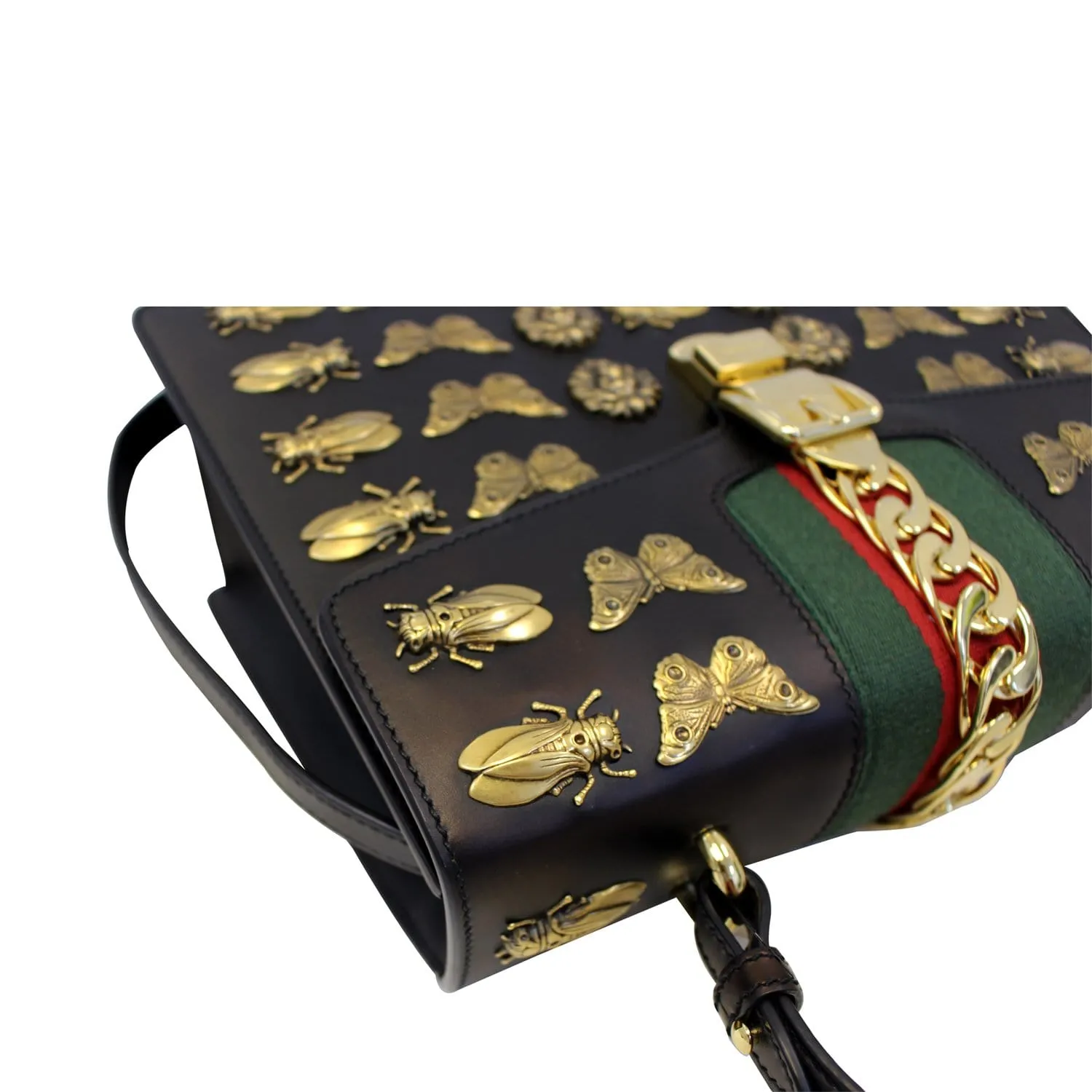 GUCCI Sylvie Animal Studs Calfskin Medium Top Handle Bag Black