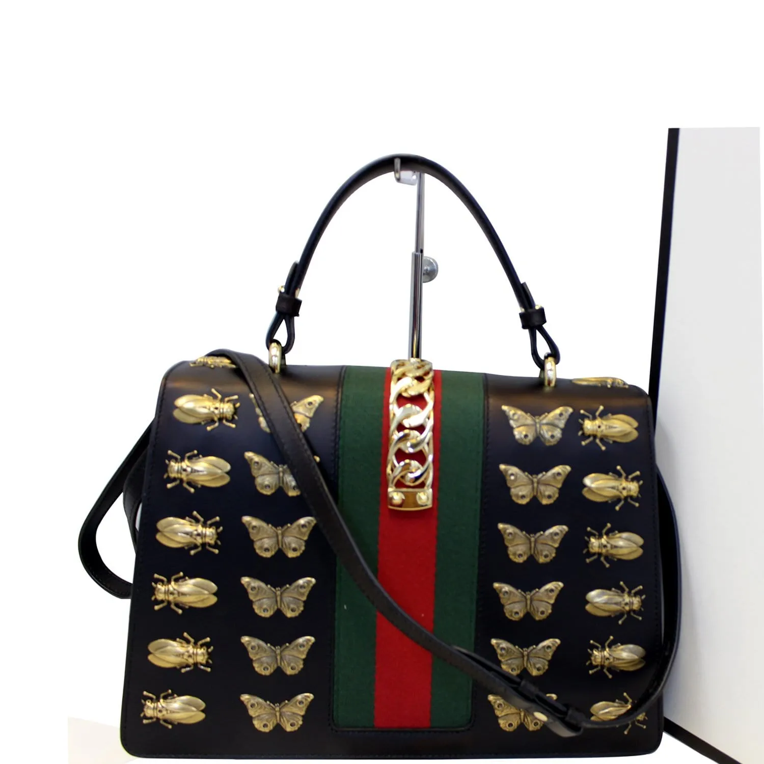GUCCI Sylvie Animal Studs Calfskin Medium Top Handle Bag Black