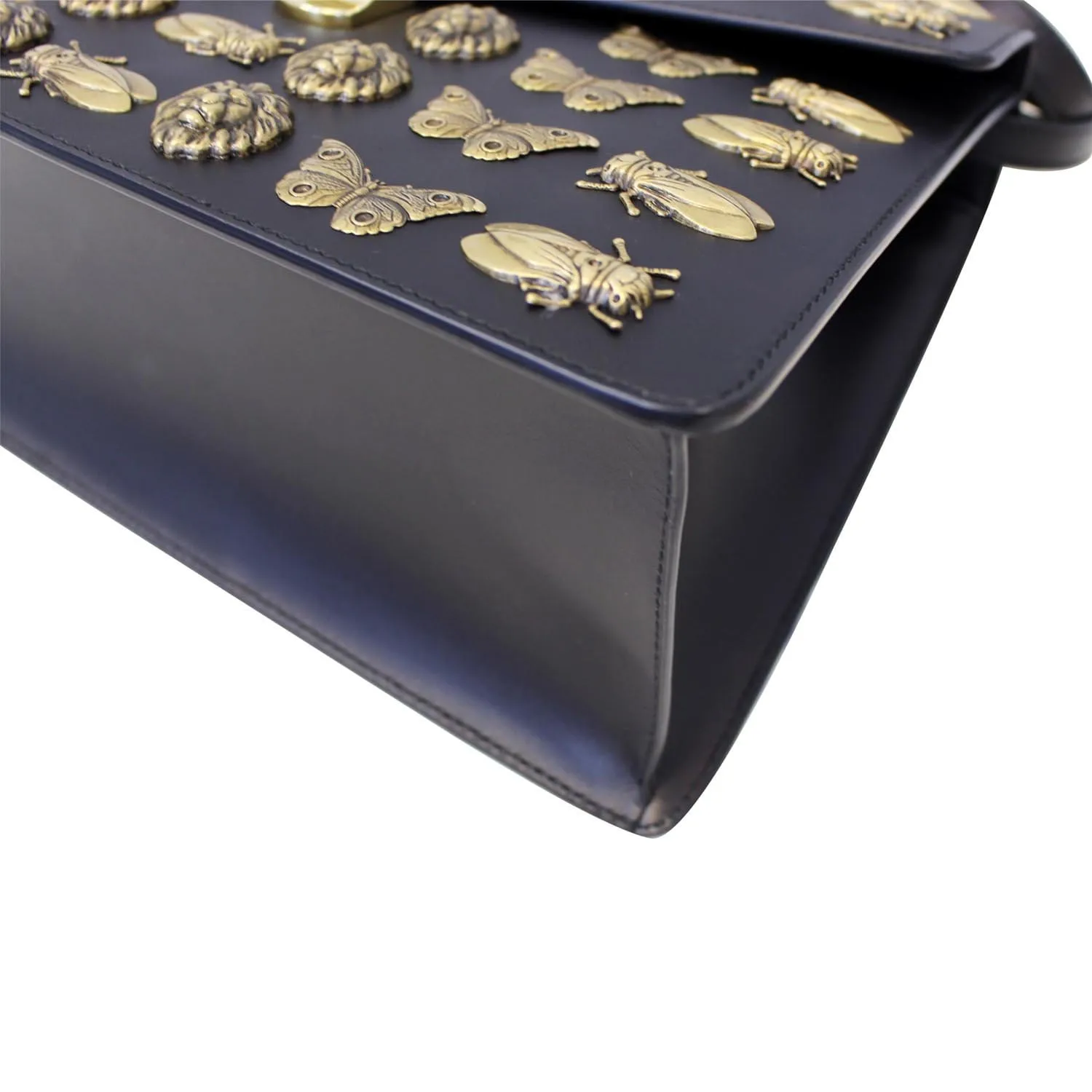 GUCCI Sylvie Animal Studs Calfskin Medium Top Handle Bag Black