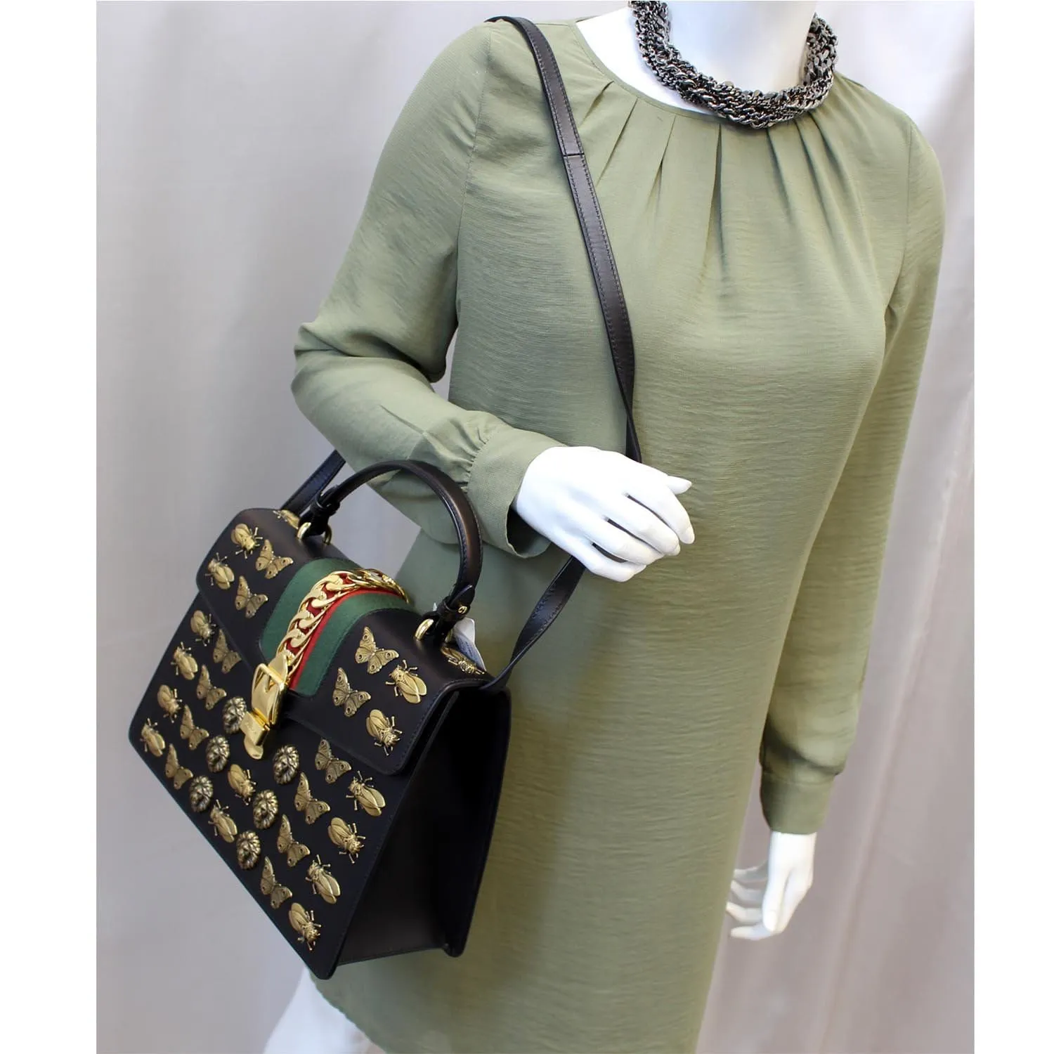 GUCCI Sylvie Animal Studs Calfskin Medium Top Handle Bag Black