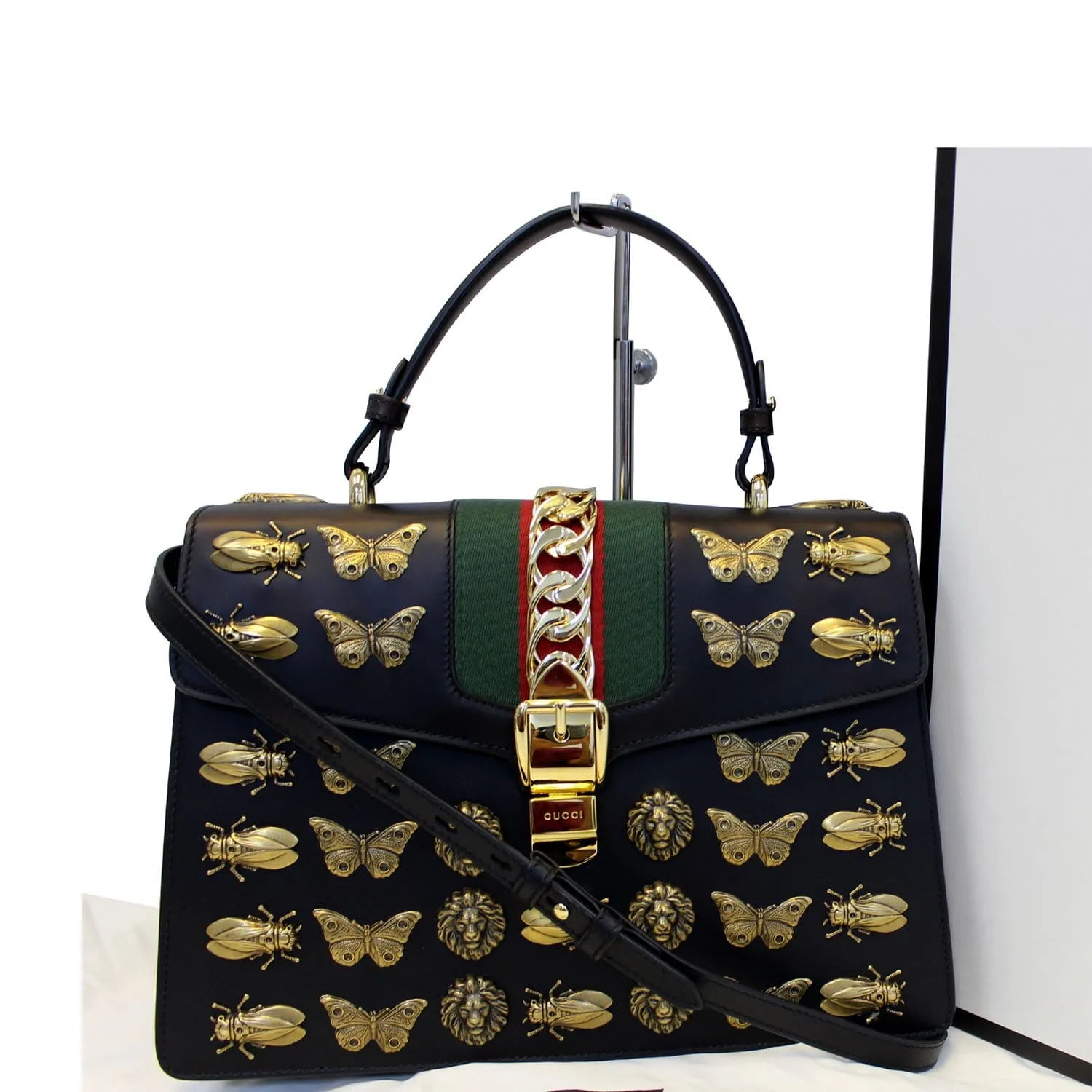 GUCCI Sylvie Animal Studs Calfskin Medium Top Handle Bag Black